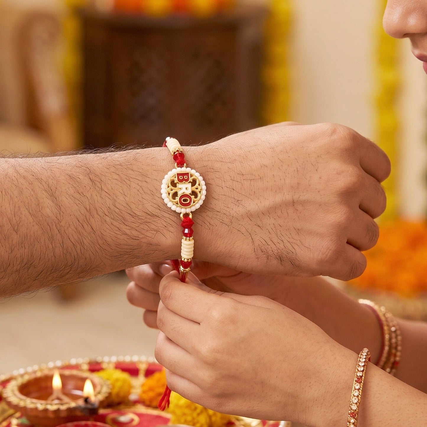 Close-up of Bro Letter Designer Rakhi showing detailed centerpiece
