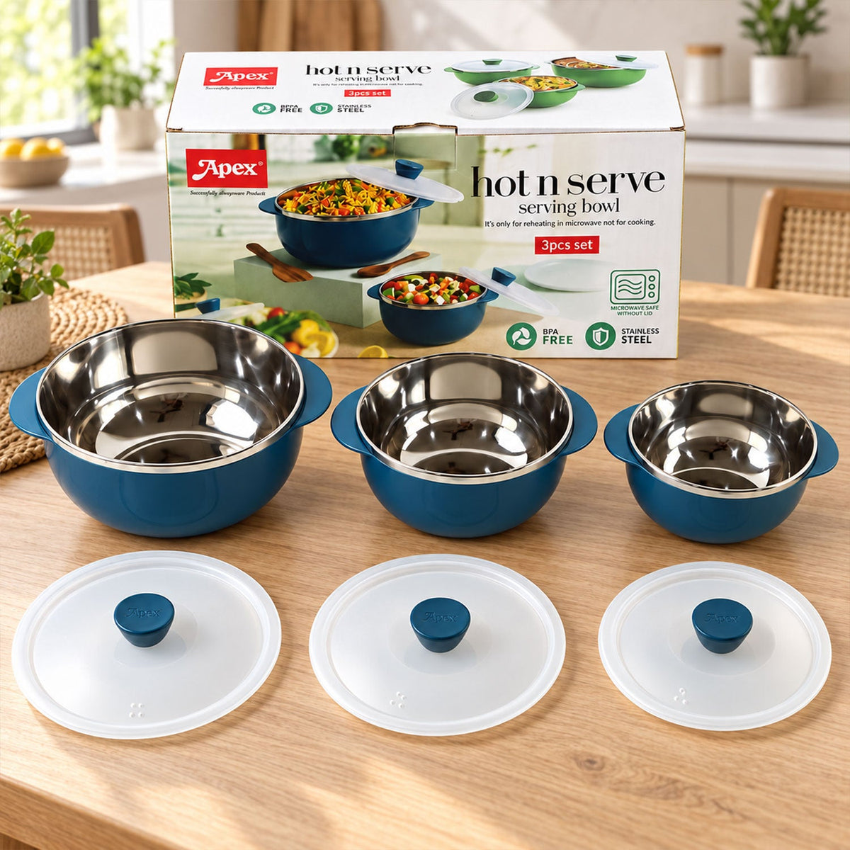 Hot serve casserole bowl set lids steel