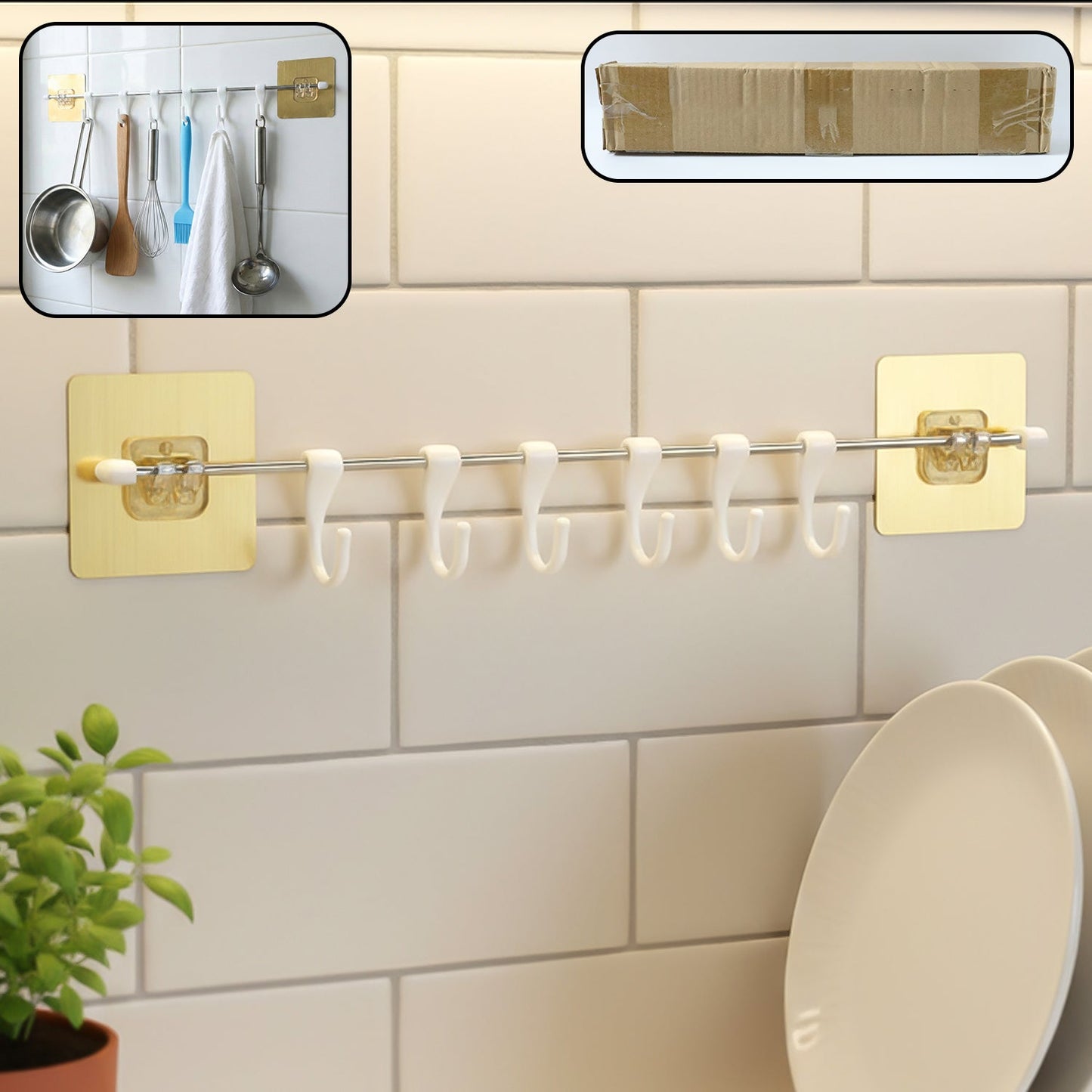 Wall Mounted Adhesive Kitchen Utility Hook Rack (1 Set)