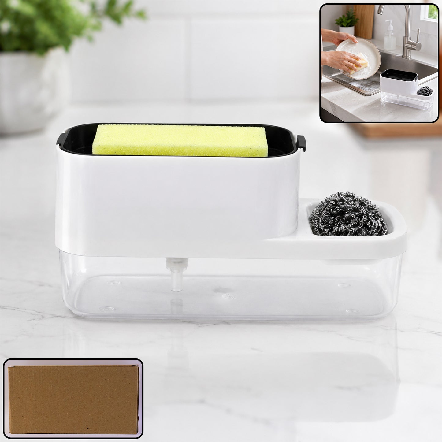 2 in 1 Plastic Dish Soap Liquid Dispenser Sponge Holder ,Sabudani (1 Set)