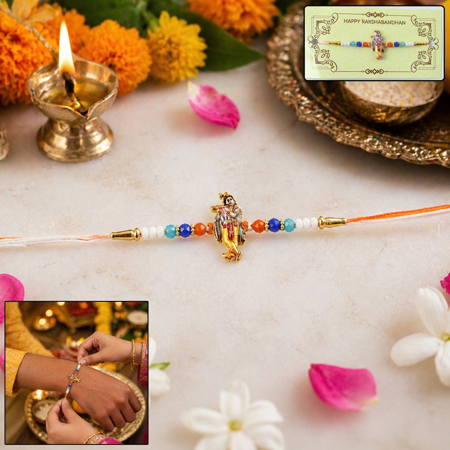 Close-up of Lord Krishna idol on festive Rakhi with beads