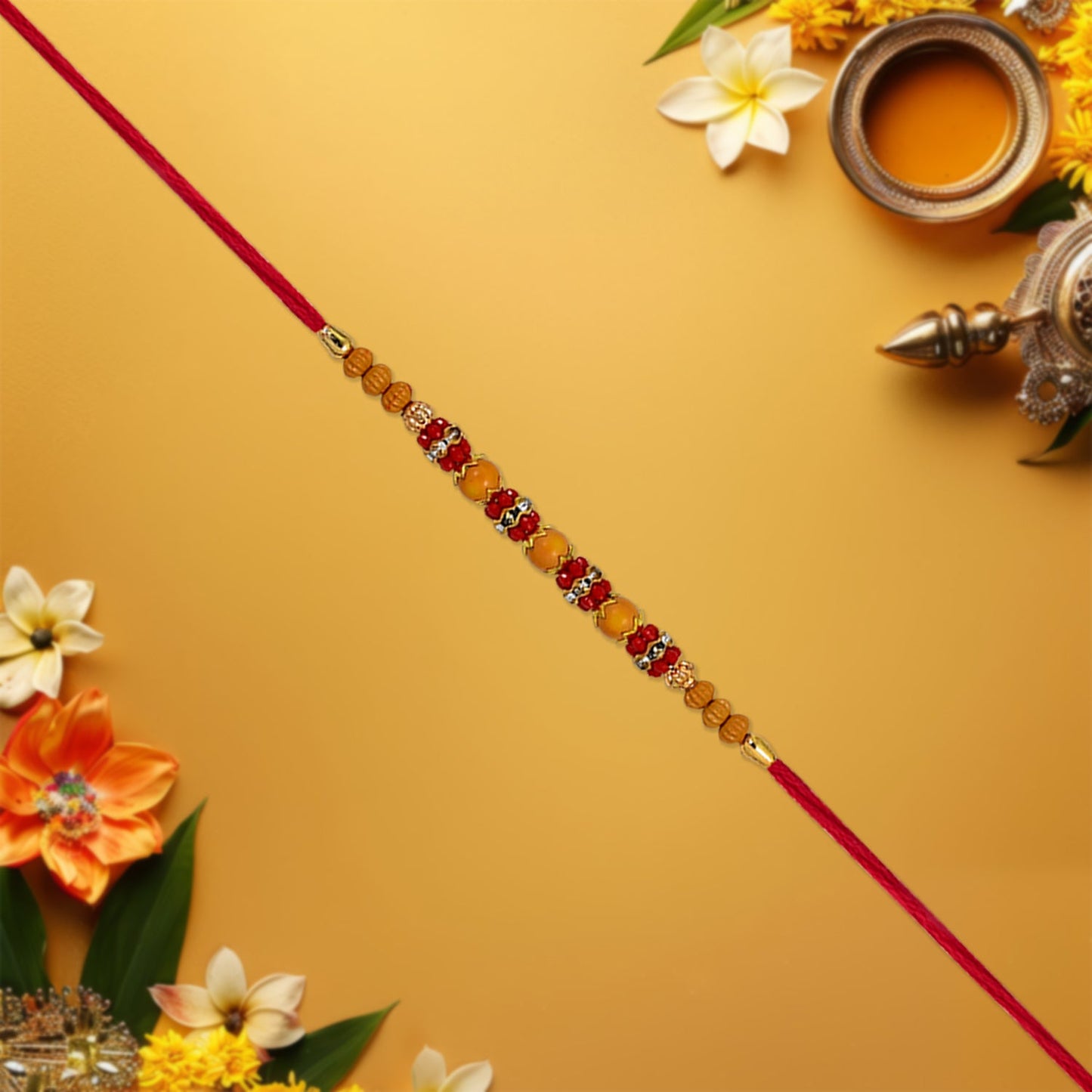 Close-up of vibrant yellow and red beads on the festive multicolor rakhi.