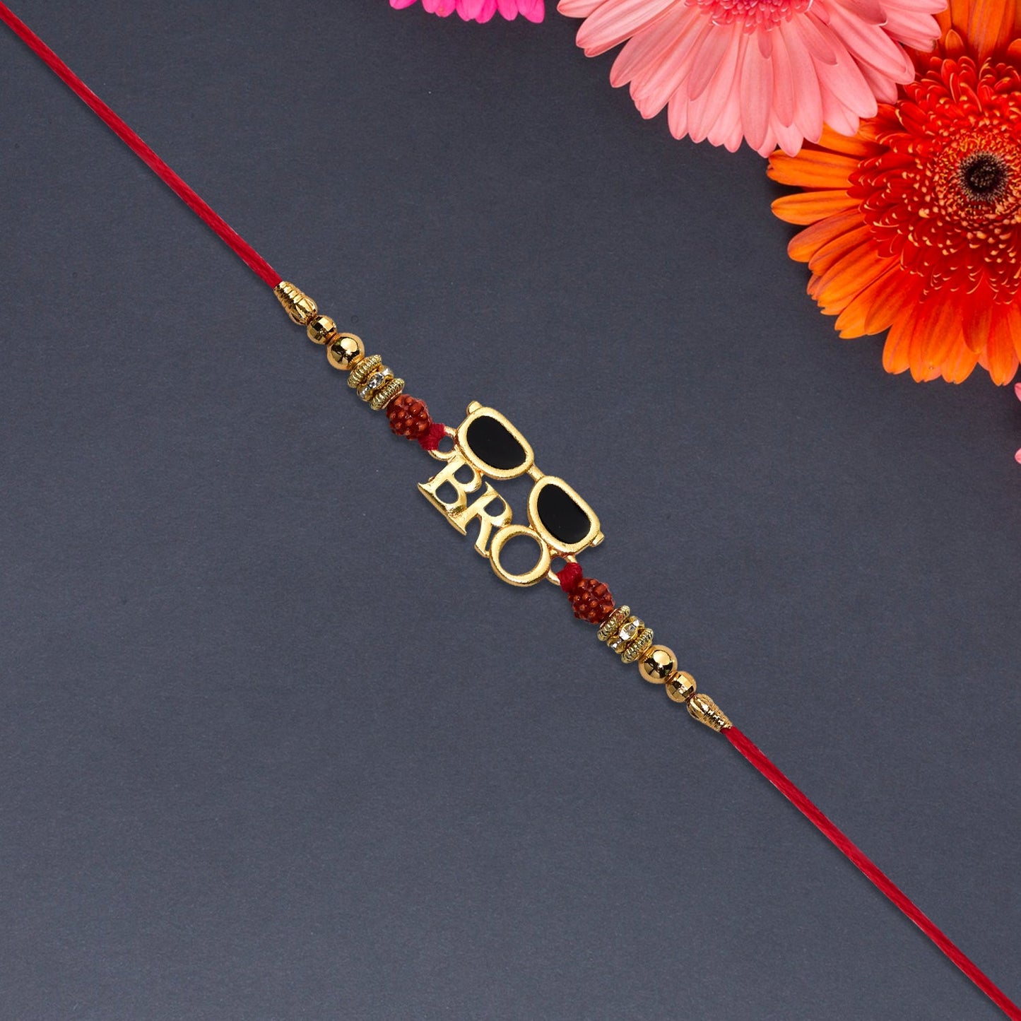 Close-up of stylish sunglasses design on Bro Rakhi highlighting intricate details.
