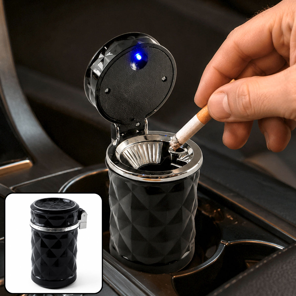 Car Cupholder LED Ashtray – Portable with Blue Light, Lid & Waste Bin, Cigarette Ashtray