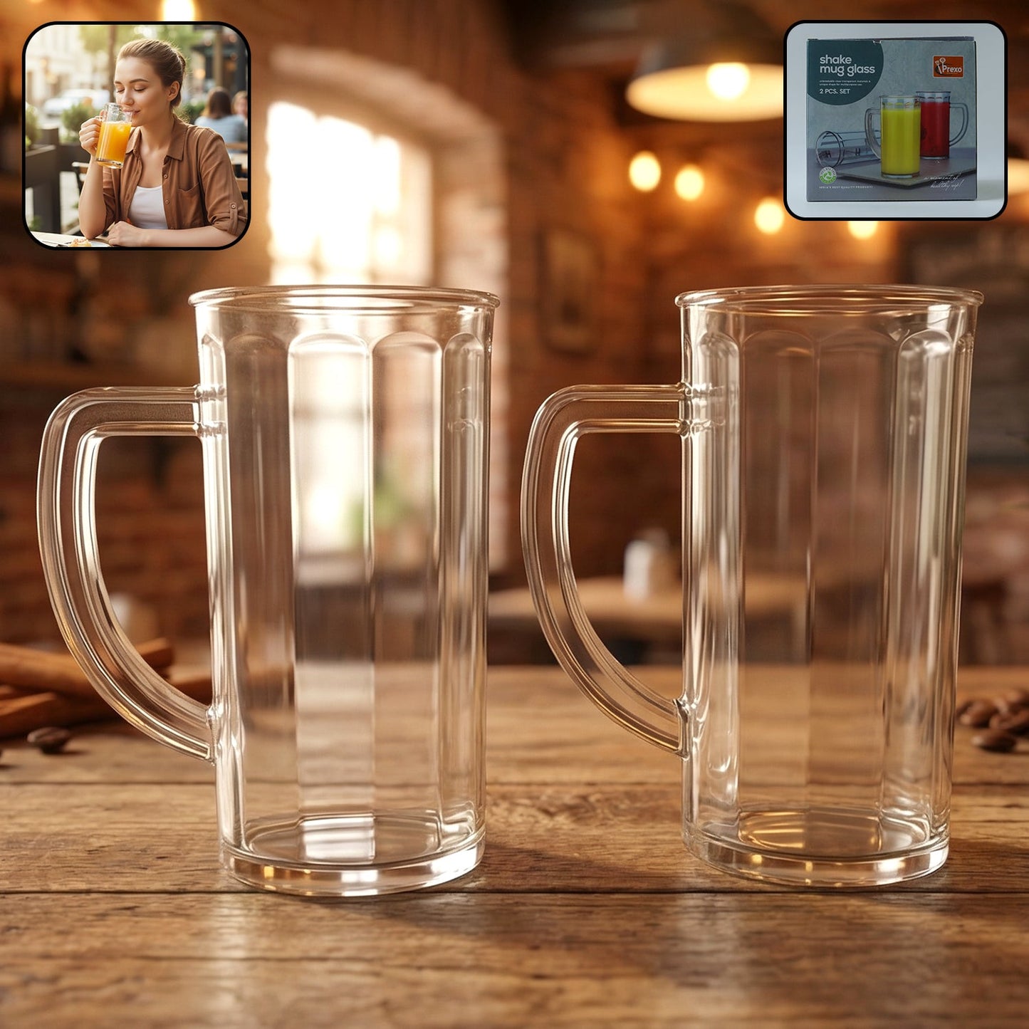 plastic shake mug glass with handle 2 pc set