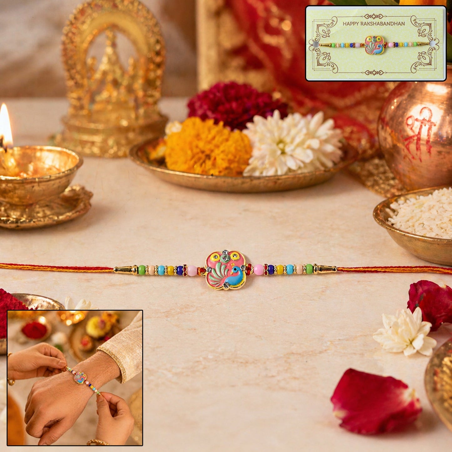 Close-up of Peacock designer Rakhi beads and intricate centerpiece