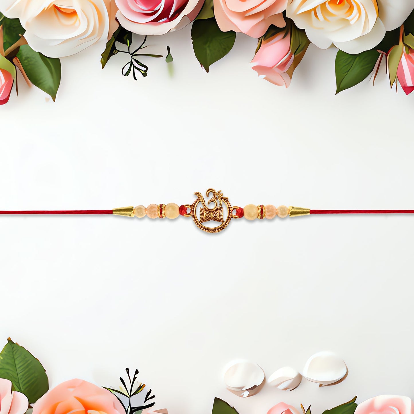 Elegant Om Swastik Rakhi featuring golden charm and delicate pearls