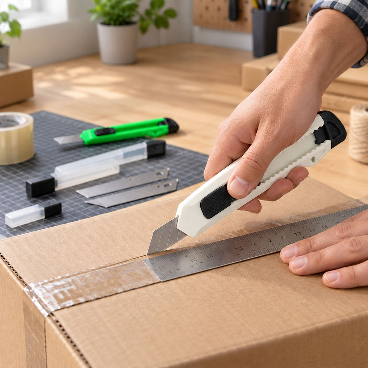 Two utility knives, green and white, are shown with callouts for steel snap-off blades, durable molded body, replaceable