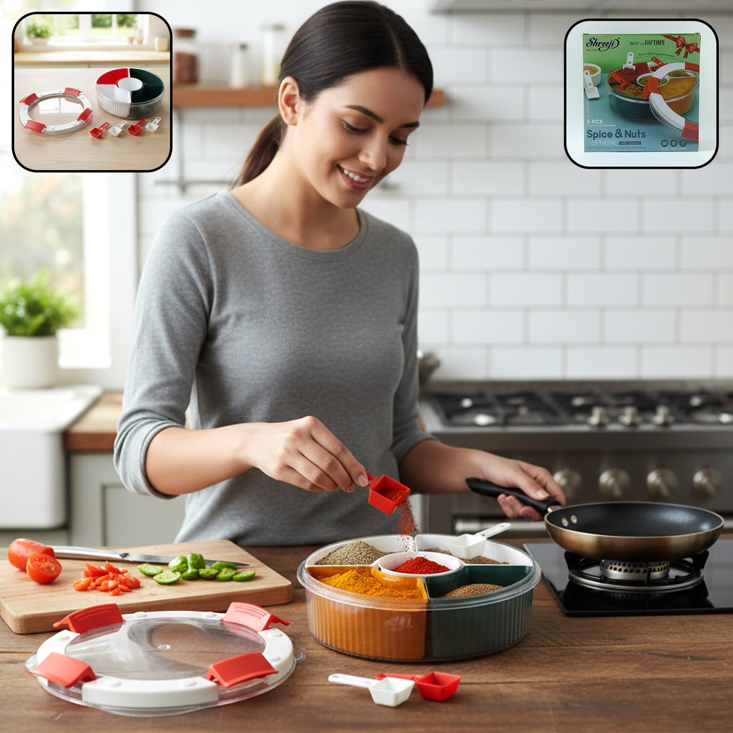 plastic 5 compartment spice storage box with spoons