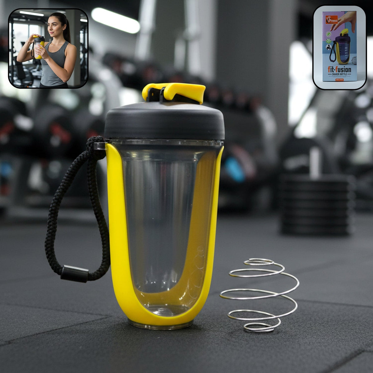 A yellow and black shaker bottle with a metal whisk sits on a gym floor, a woman uses it in an inset.