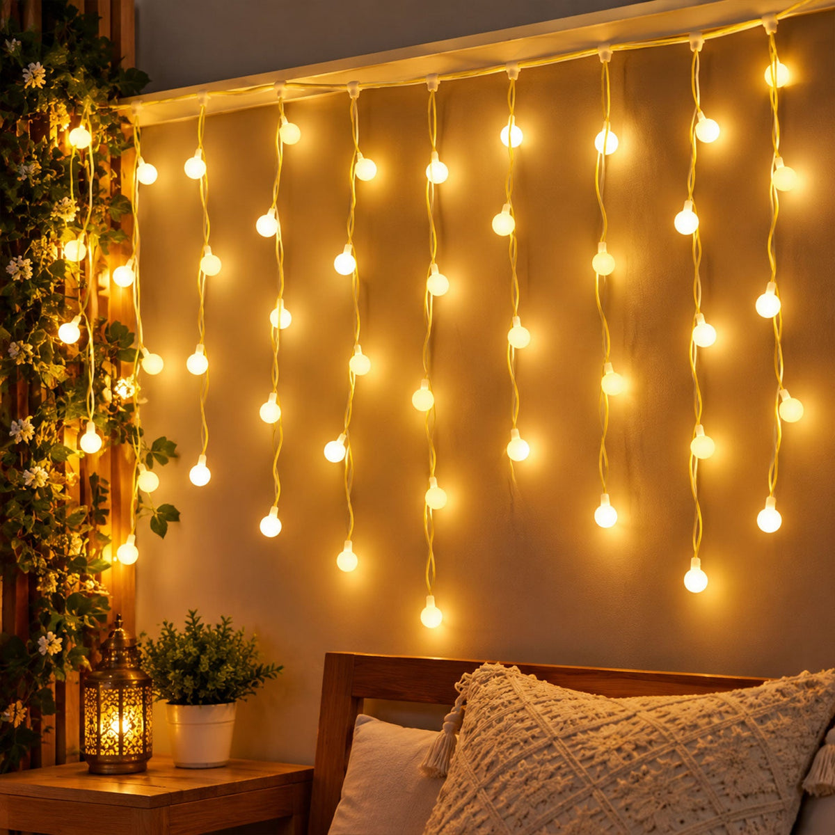 Warm white bulb curtain string lights home decor