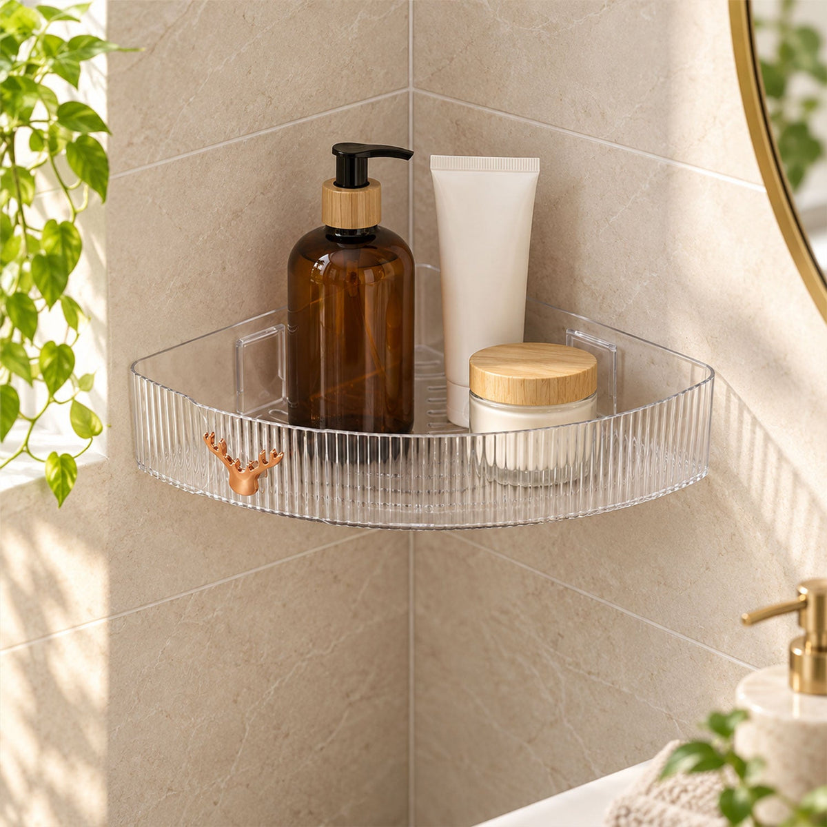 Clear ribbed corner shelf with amber pump bottle, white tube, and cream jar on a tiled wall.