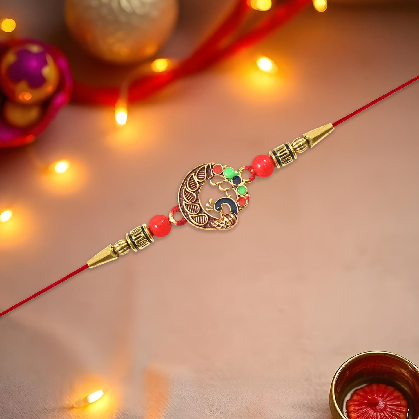 Close-up of elegant round peacock design rakhi with vivid colors and intricate details