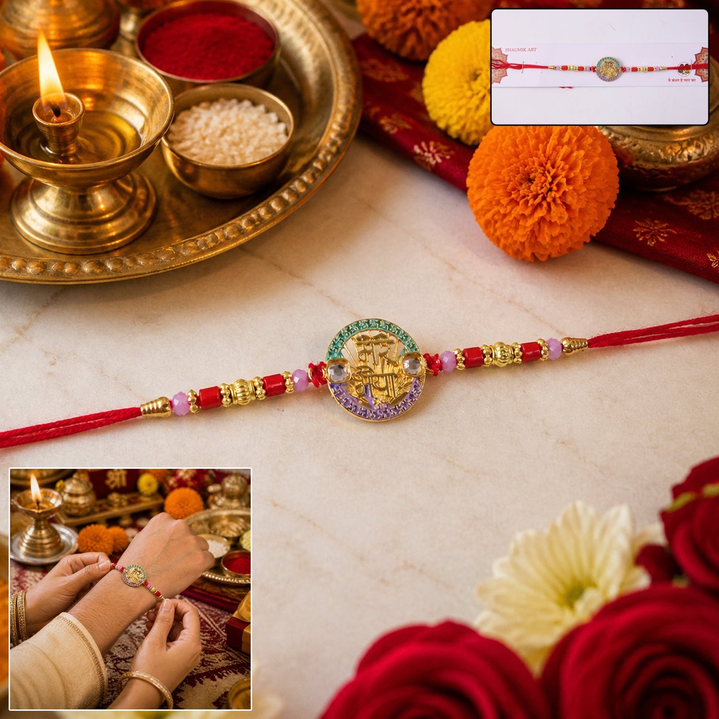 Close-up of decorative beads on designer Rakhi with stone work