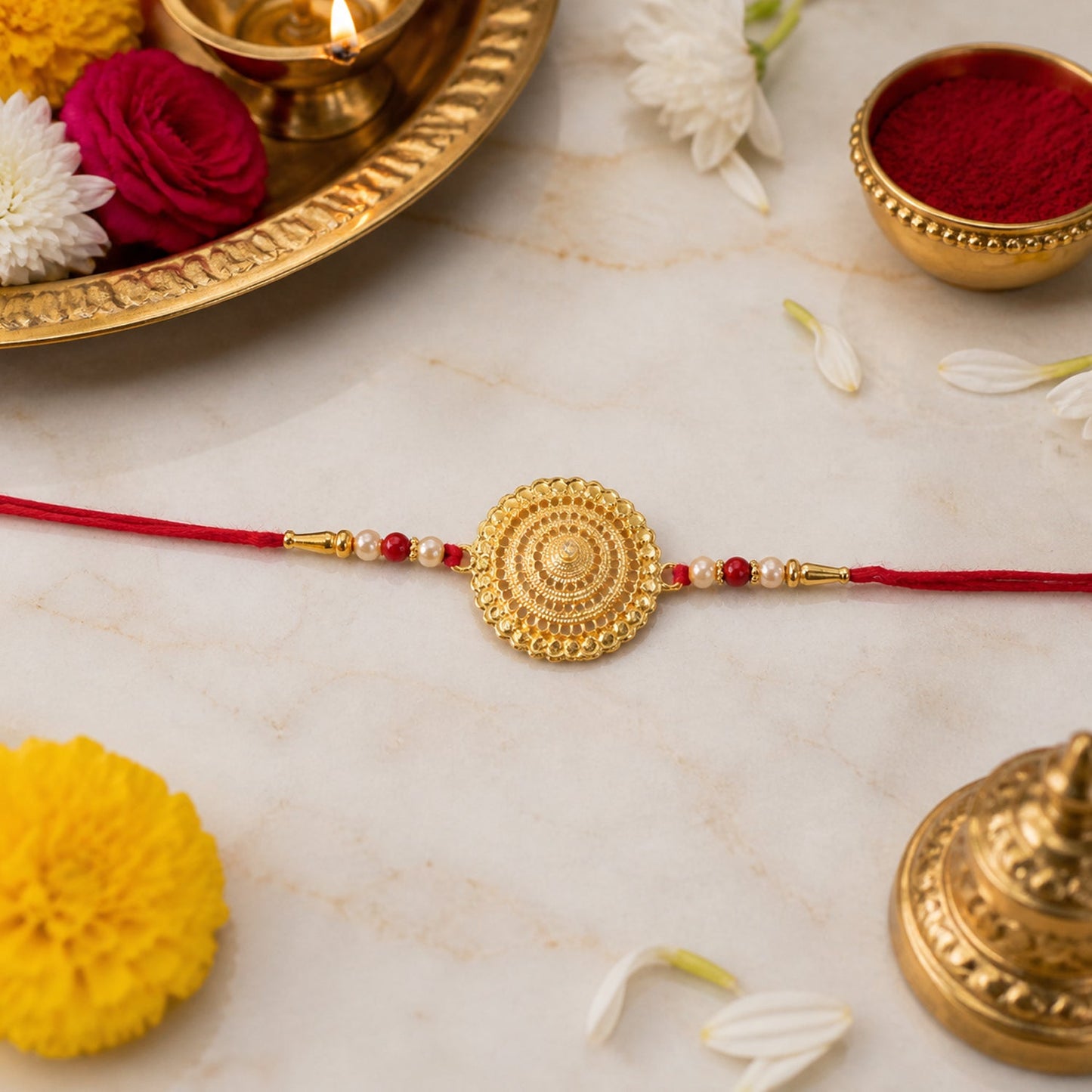 Traditional Rakhi decorated with gold plating and pearl accents