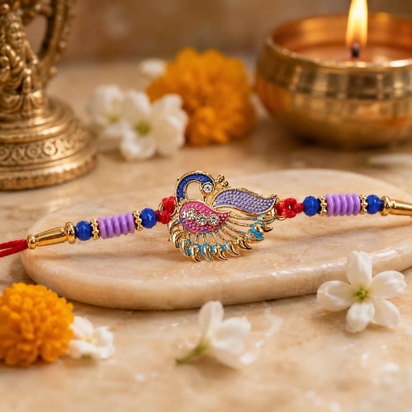 Traditional Rakhi with peacock centerpiece and decorative beads
