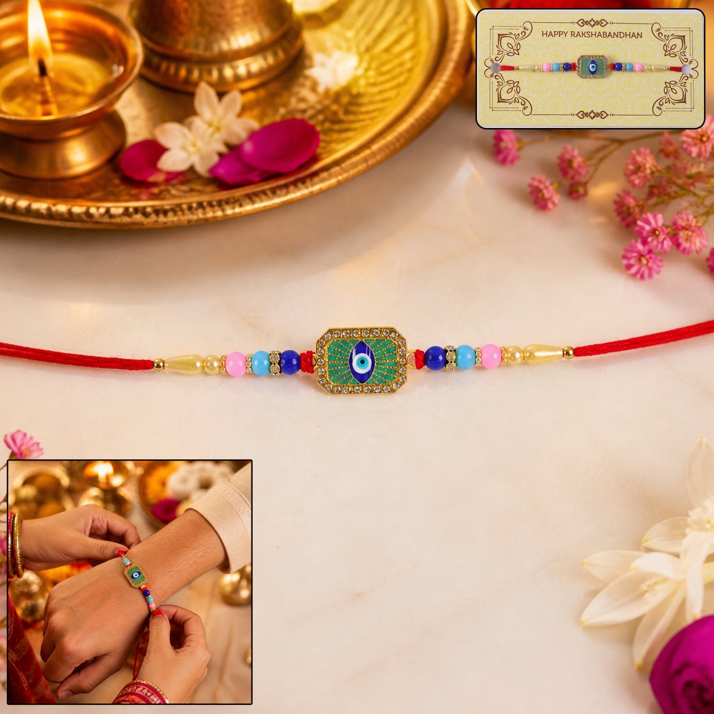 Close-up of evil eye centerpiece on mint green thread Rakhi