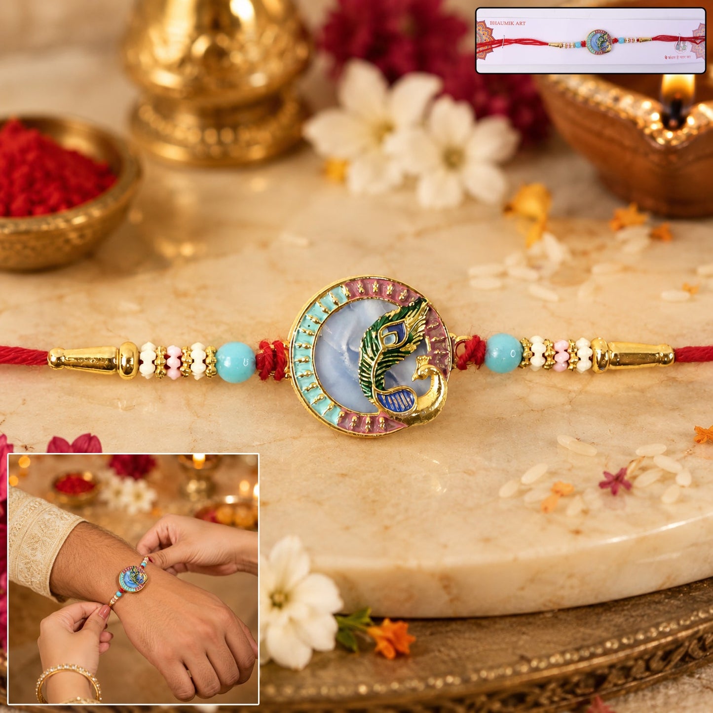 Close-up of Peacock Motif Designer Rakhi with beads