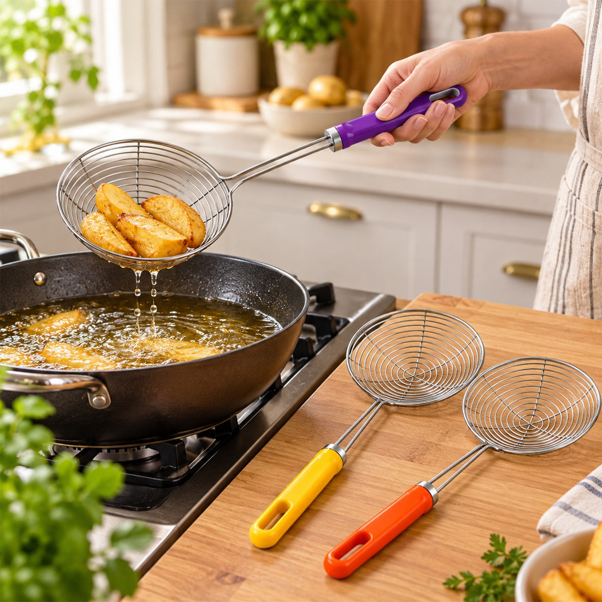 Stainless Steel Frying Oil Strainer Skimmer Spoon with Plastic Handle, Set of 3