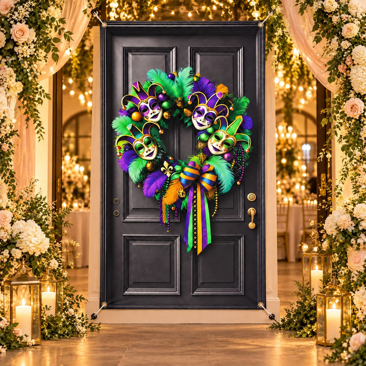 Mardi Gras door backdrop displayed at a warmly lit decorated entrance