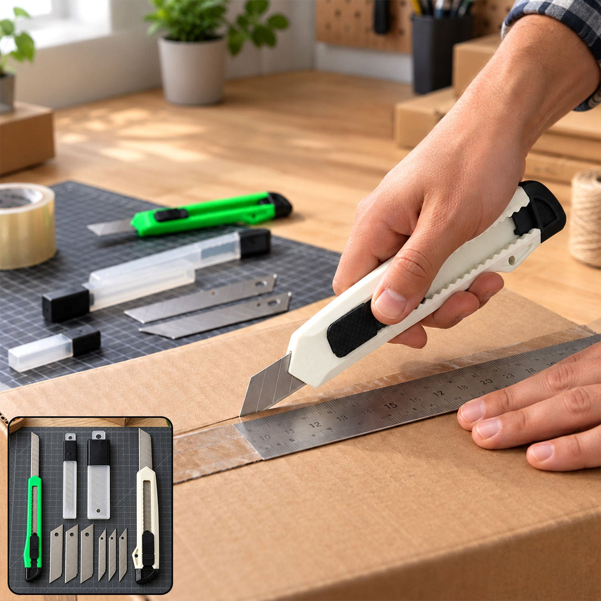 A person's hand uses a white utility knife with a metal ruler to cut a brown cardboard box on a wooden desk. A green knife