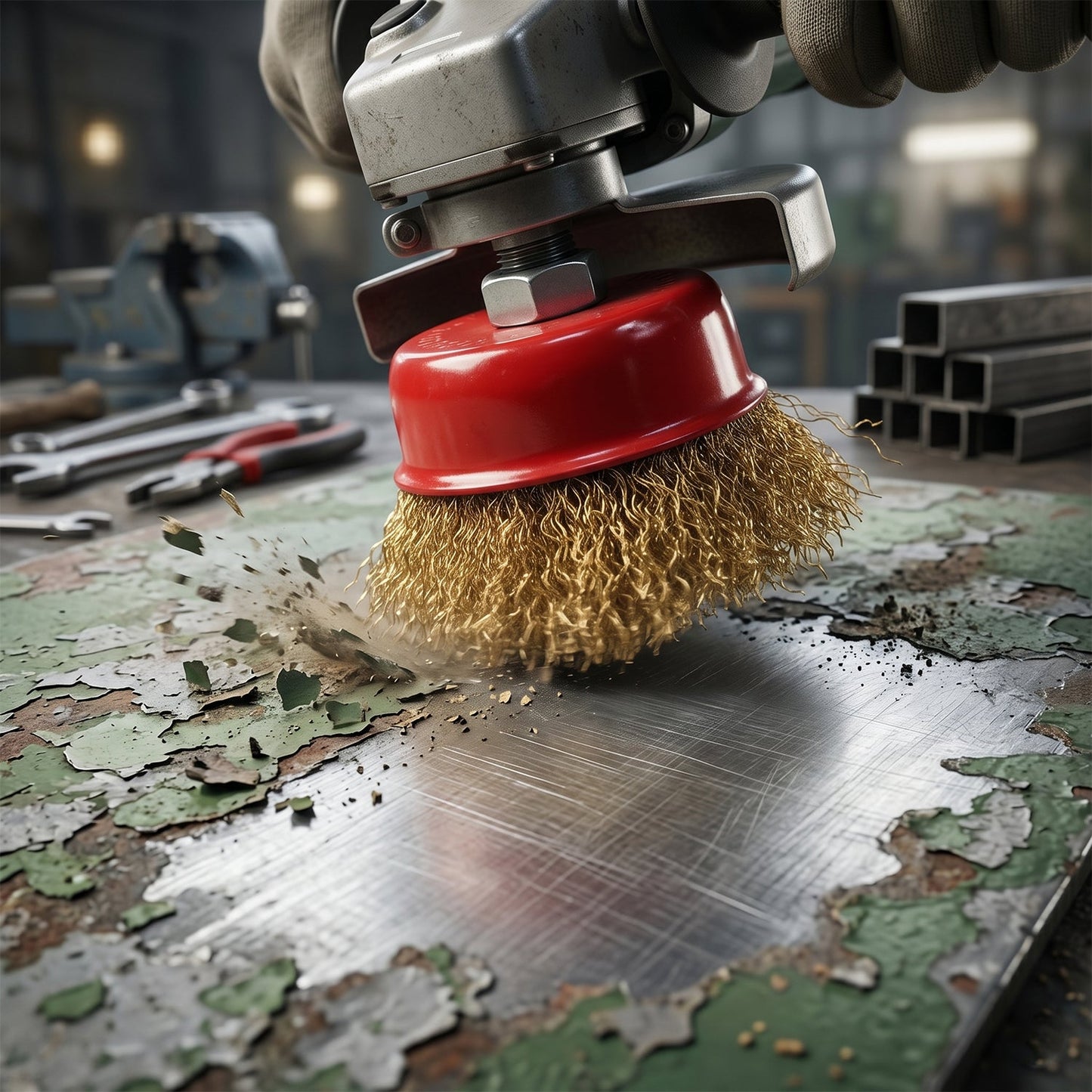 Wire brush removing rust from metal surface