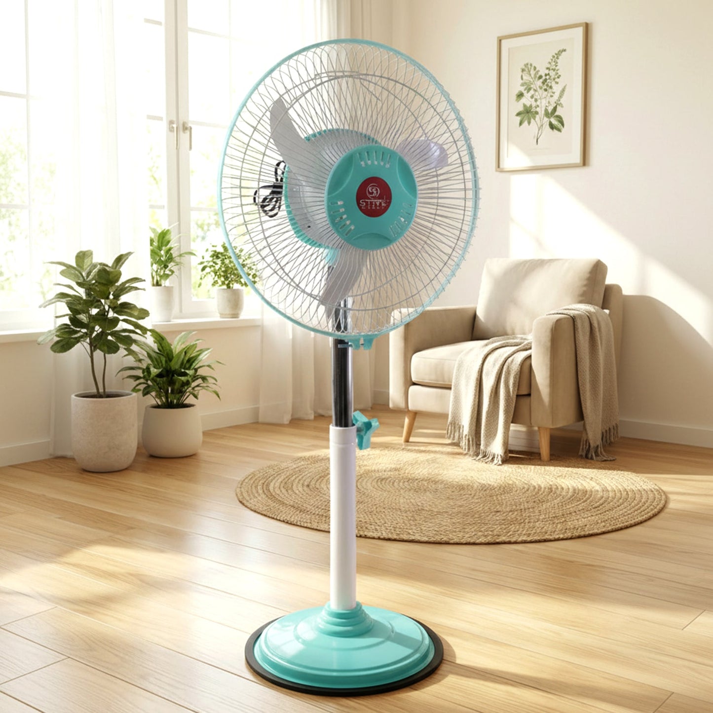 12V DC Hybrid Pedestal Table Fan with Plug and Play IEC C13 Power Cable