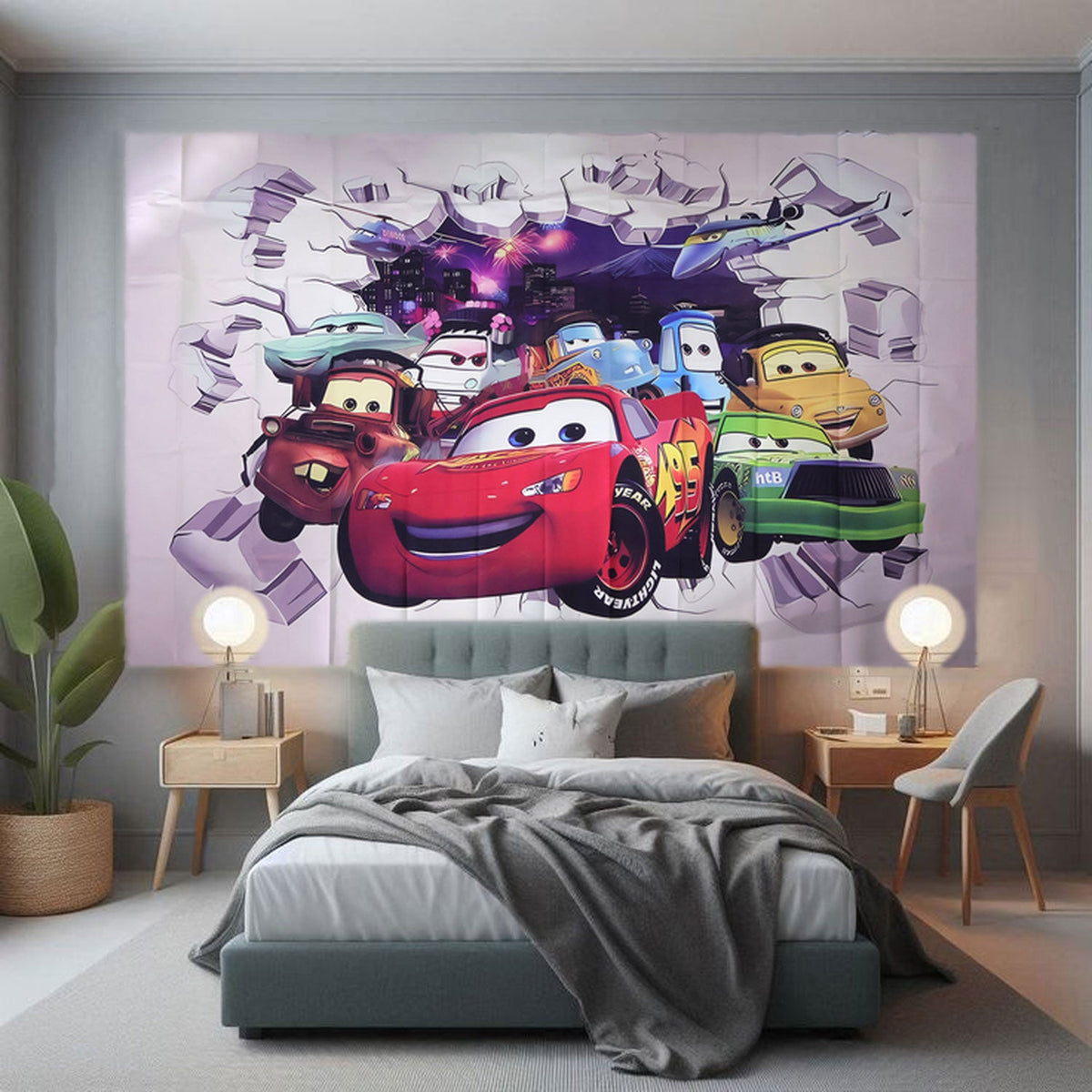 Cartoon racing car printed backdrop on a bedroom wall above a bed