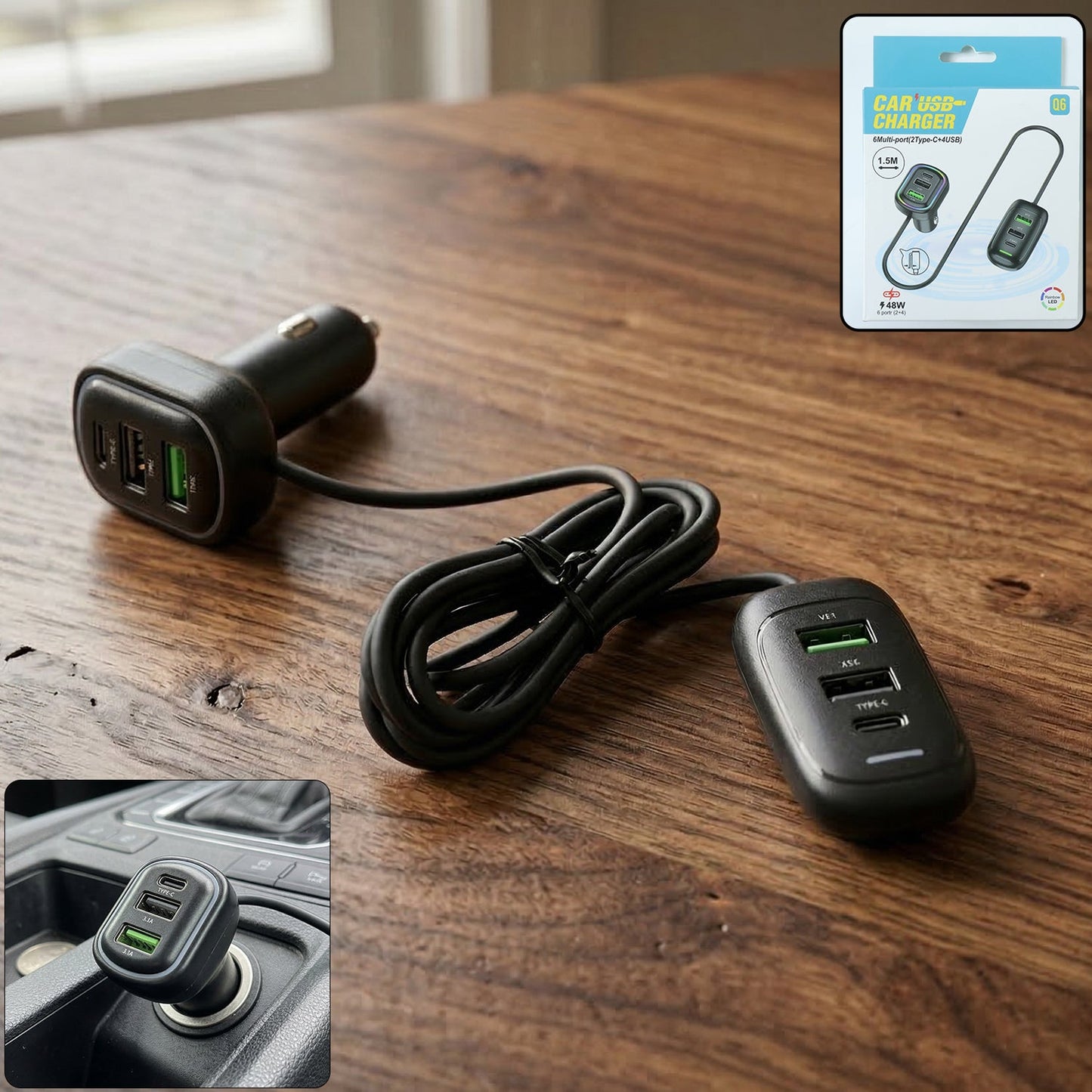 rgb breathing light multi port car usb charger 1.5 meter cable