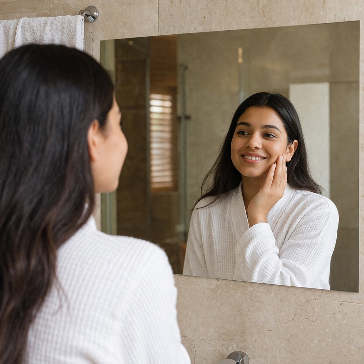 A woman in a white robe smiles at her reflection in a rectangular mirror on a tiled bathroom wall.