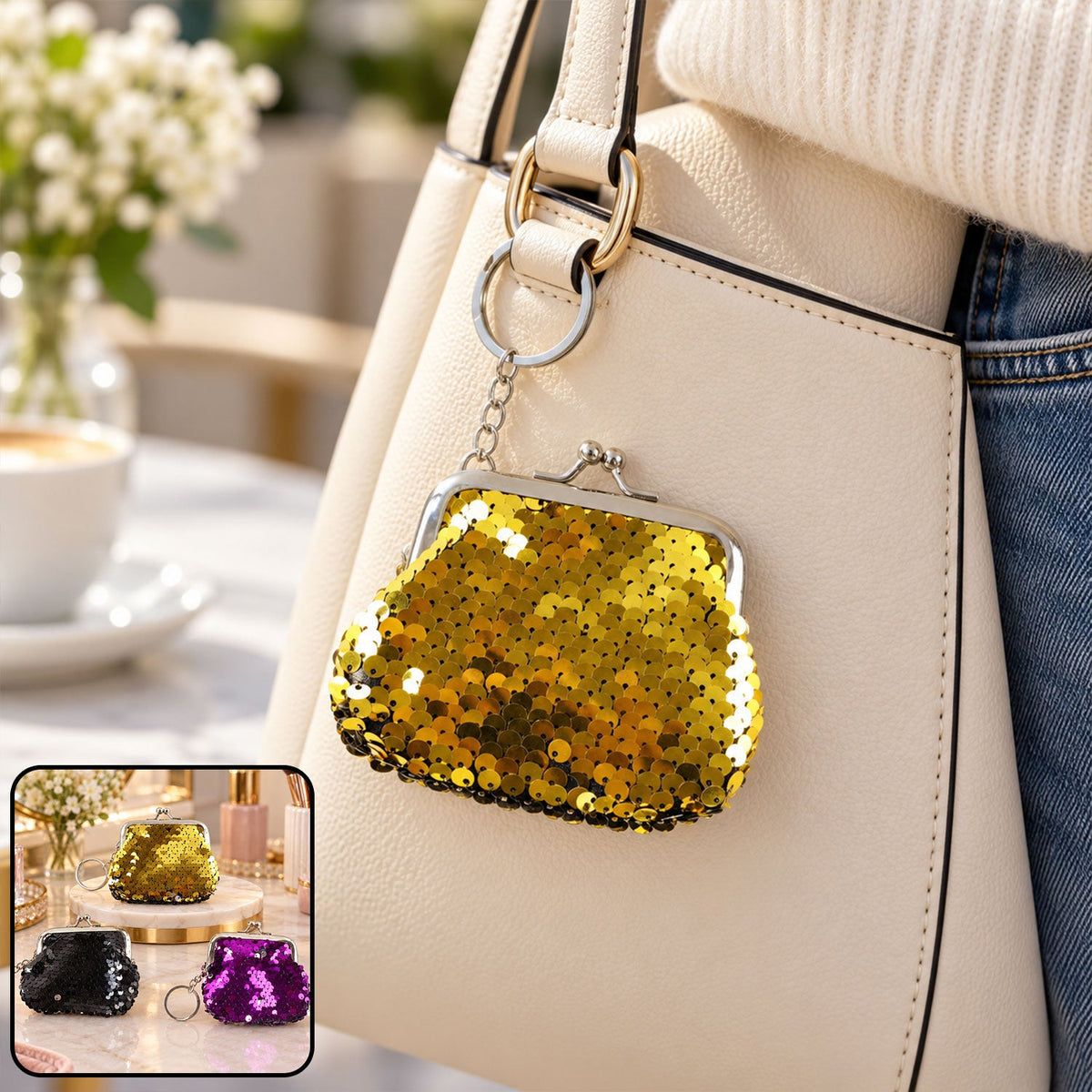 A gold sequined coin purse keychain hangs from a cream handbag, with an inset showing three color options on a vanity.