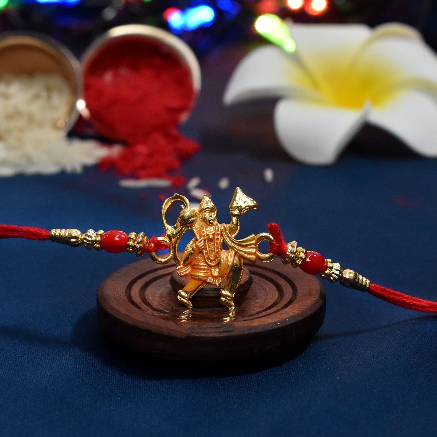 Overhead shot of a Hanumaan ji Rakhi, emphasizing its unique artistic details.