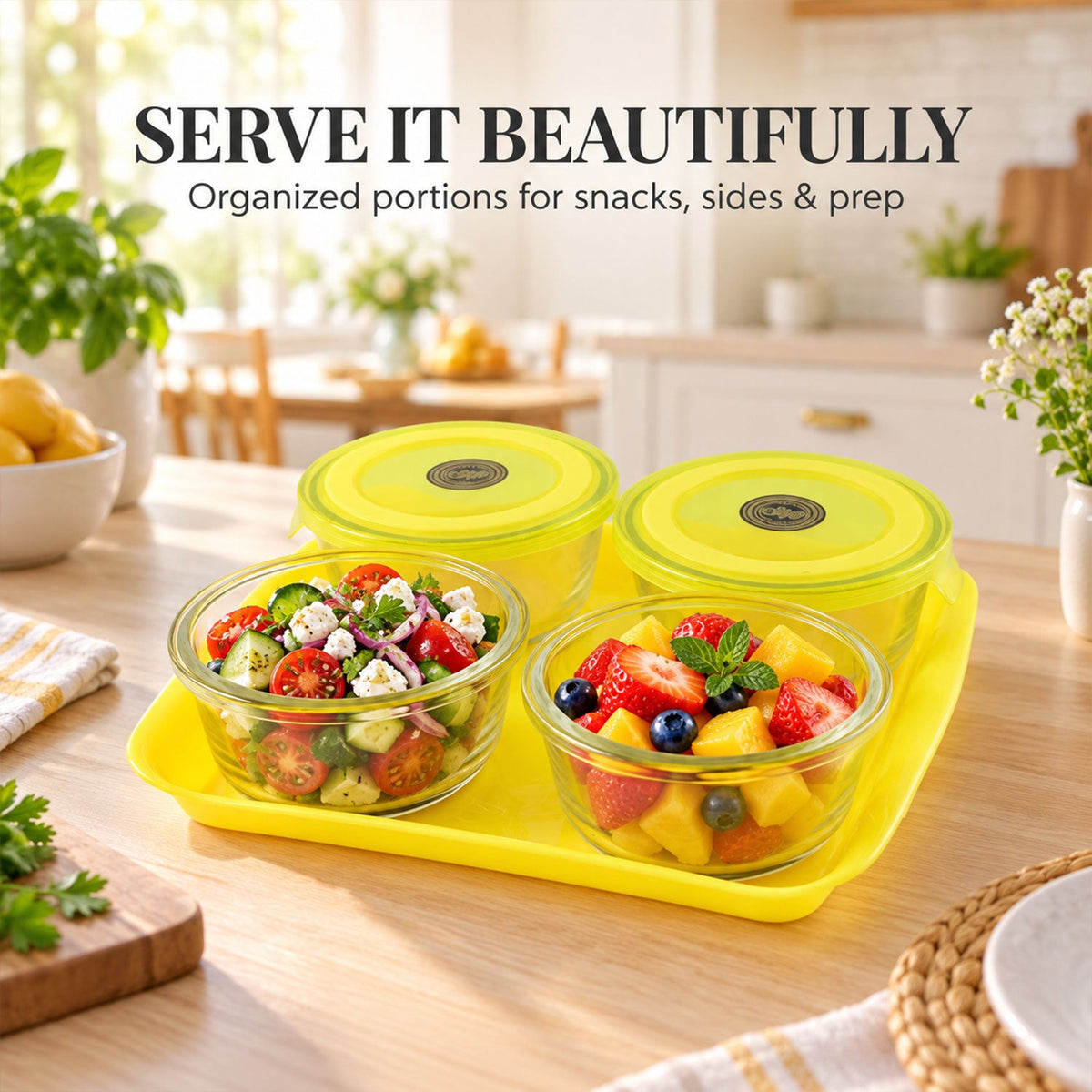 Four glass bowls with yellow lids on a tray, two filled with salad and fruit in a kitchen setting.