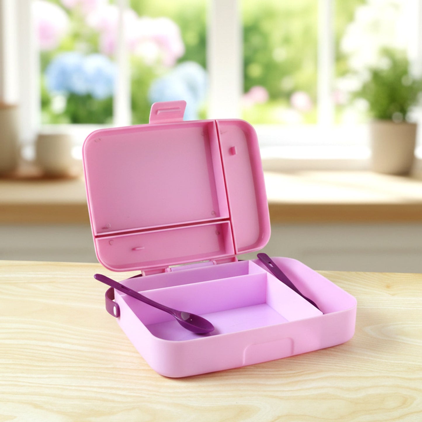 Smart Leak Proof Lunch Box with 3 Compartments and Spoon Set (1 Set)