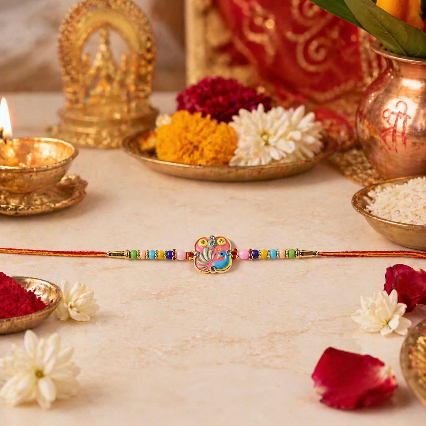 Side view of vibrant Peacock Beads Rakhi showcasing detailed design