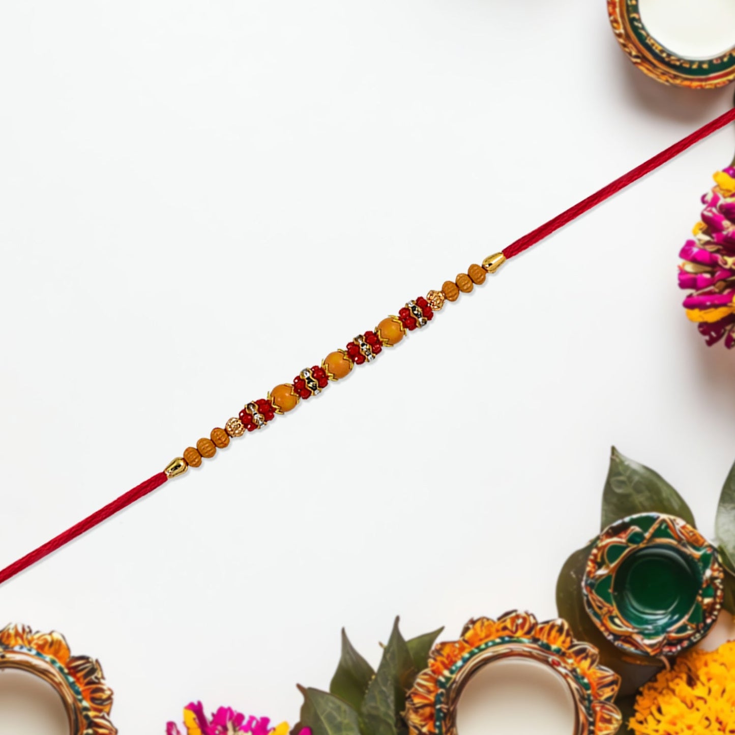 Handcrafted multicolor beads with fine sparkling stone embellishments on rakhi.