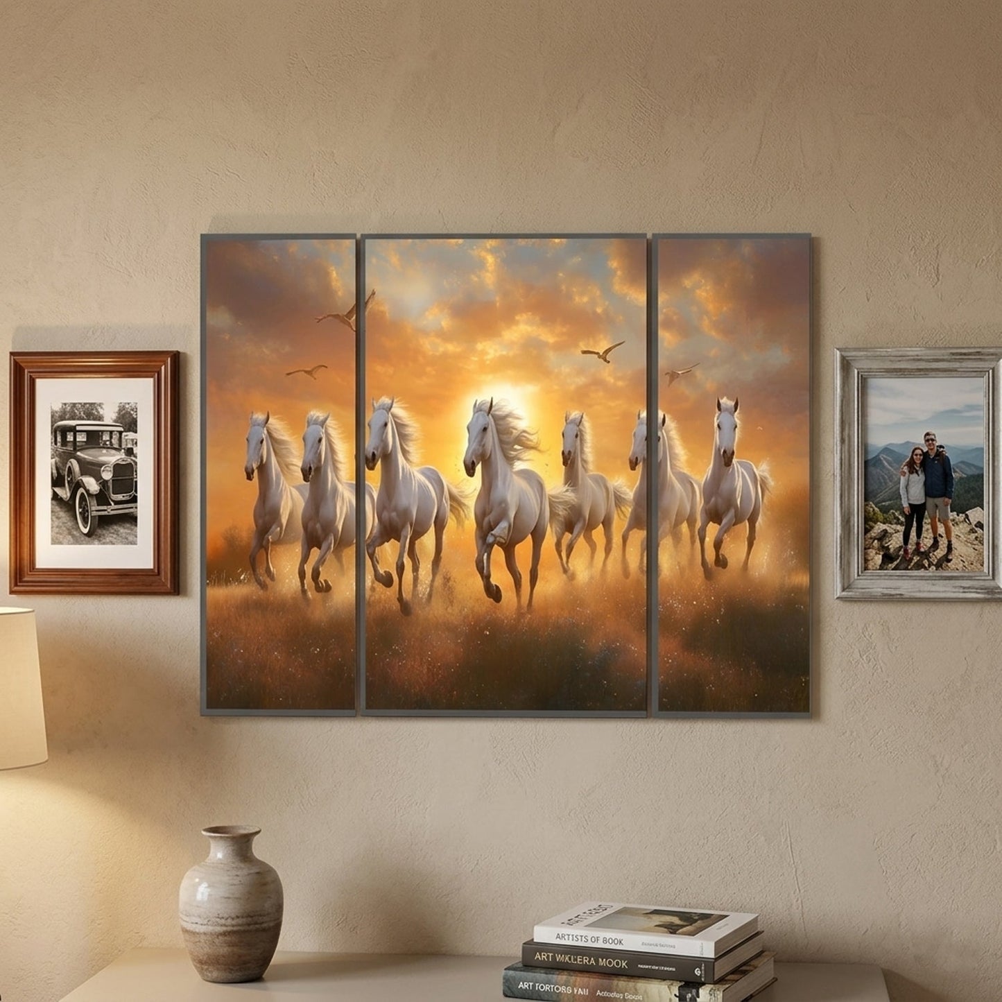 Horses sunset 3 panel wall frame