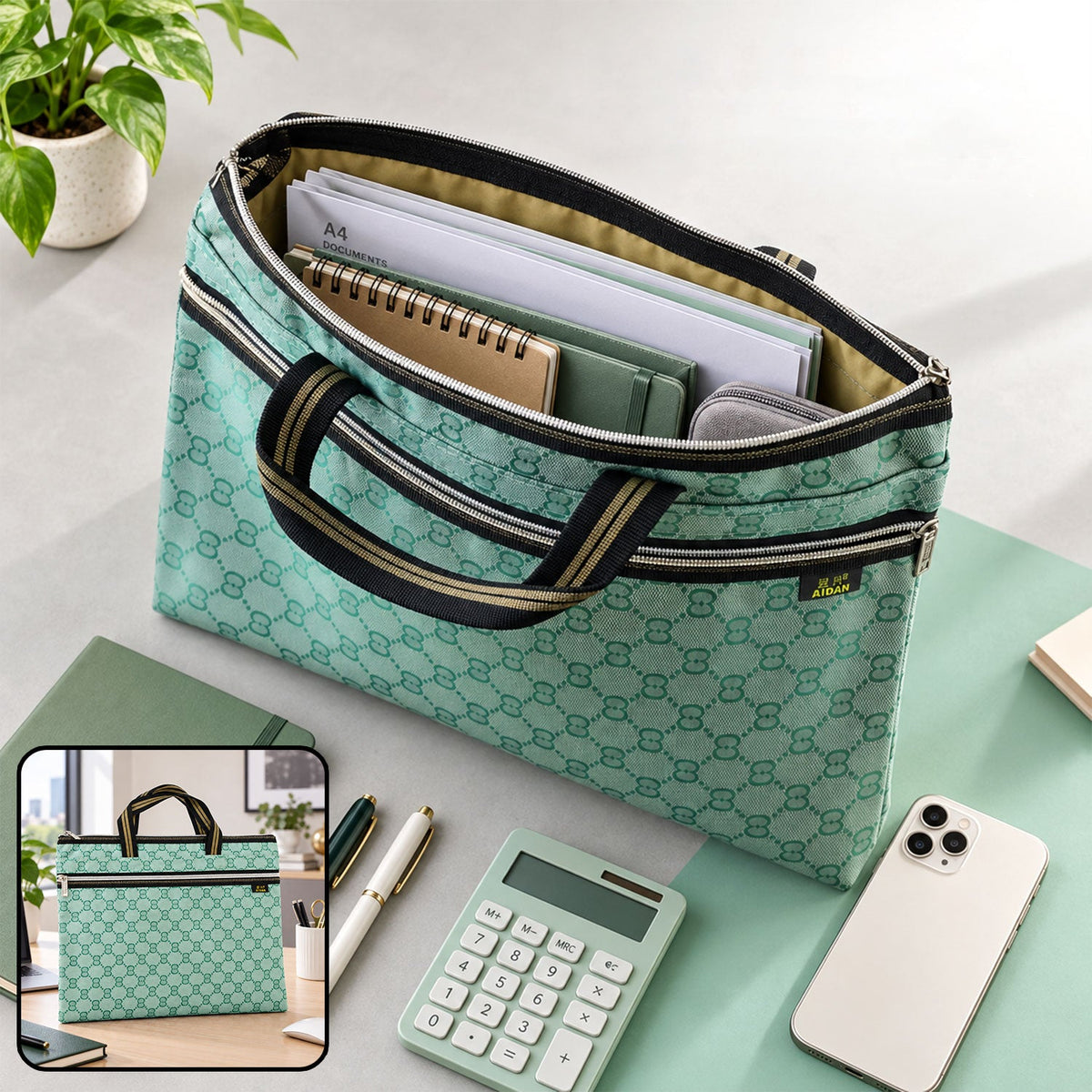 A green patterned document bag with an open zipper, showing papers and a notebook inside, alongside pens and a calculator.