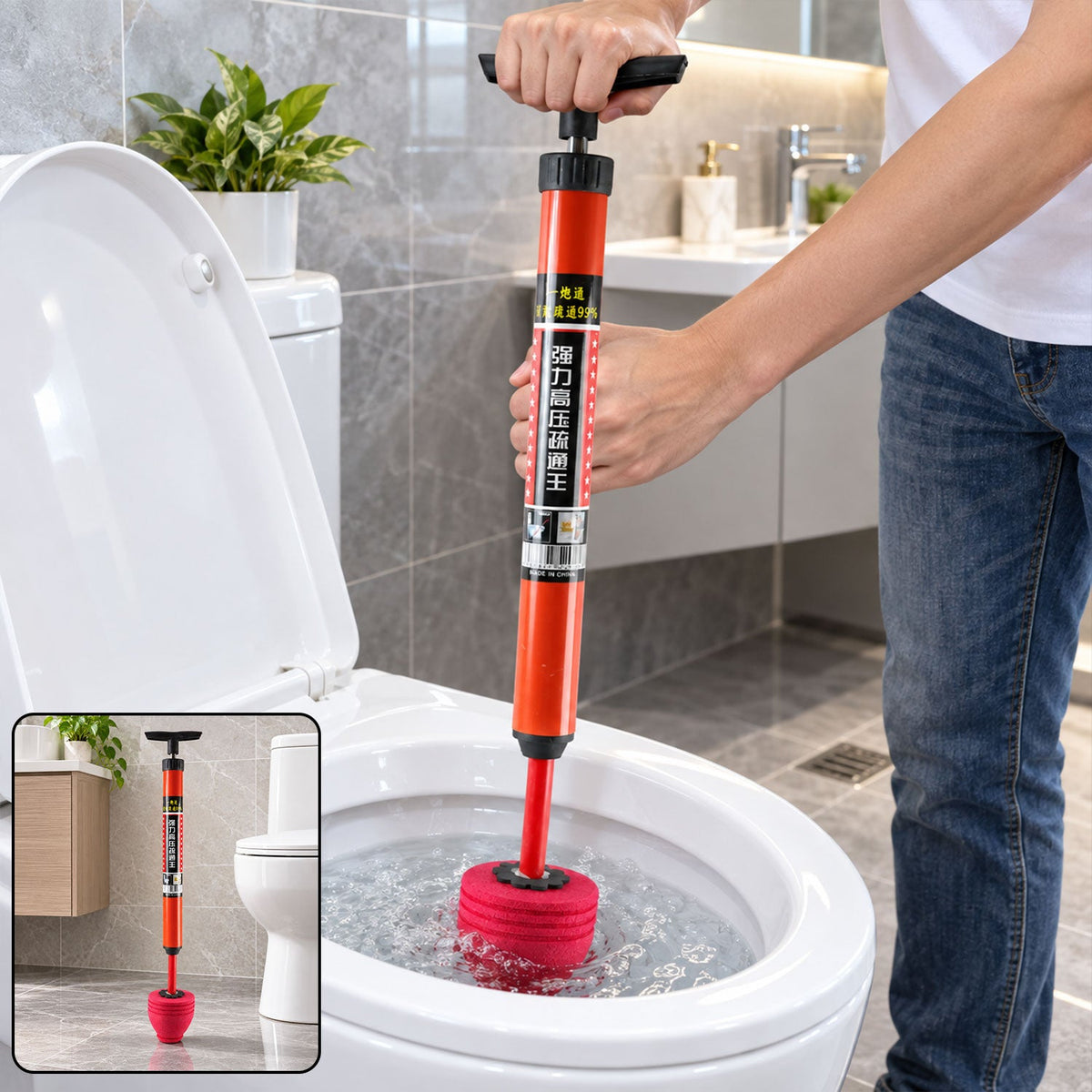 Toilet drain unclogging pump plunger T handle