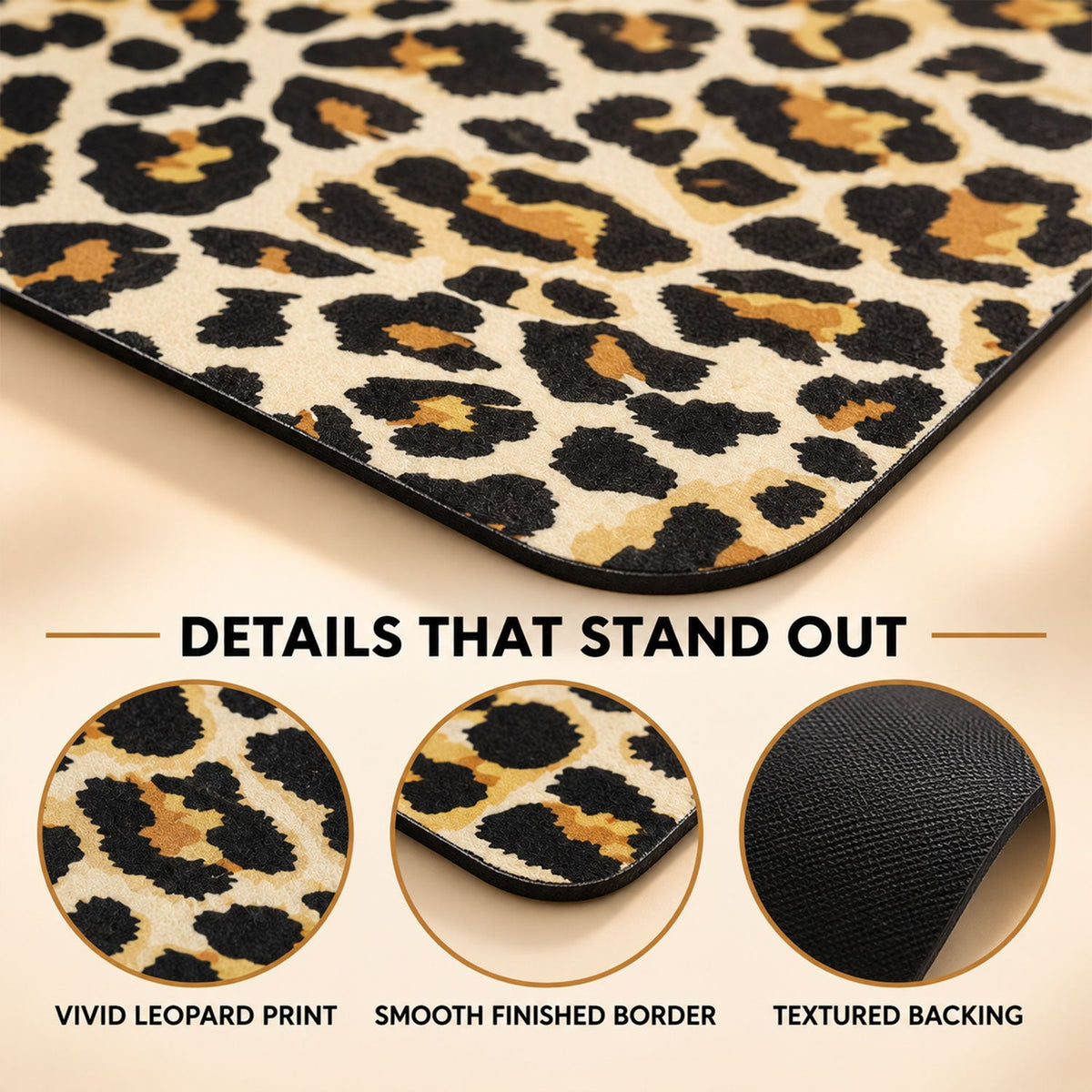 Three close-up circular insets show the vivid leopard print, smooth finished border, and textured backing.