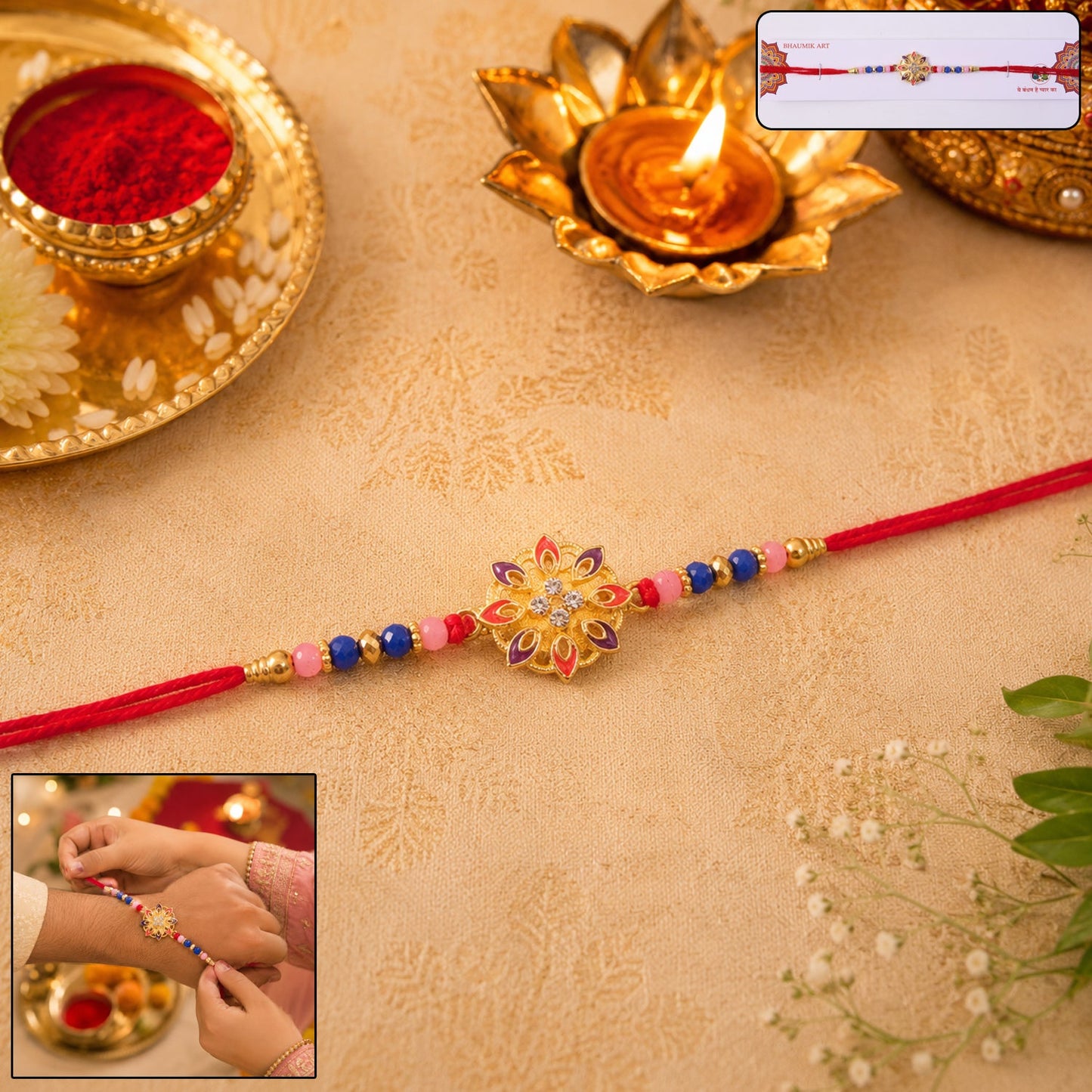 Stylish floral Rakhi with decorative centerpiece