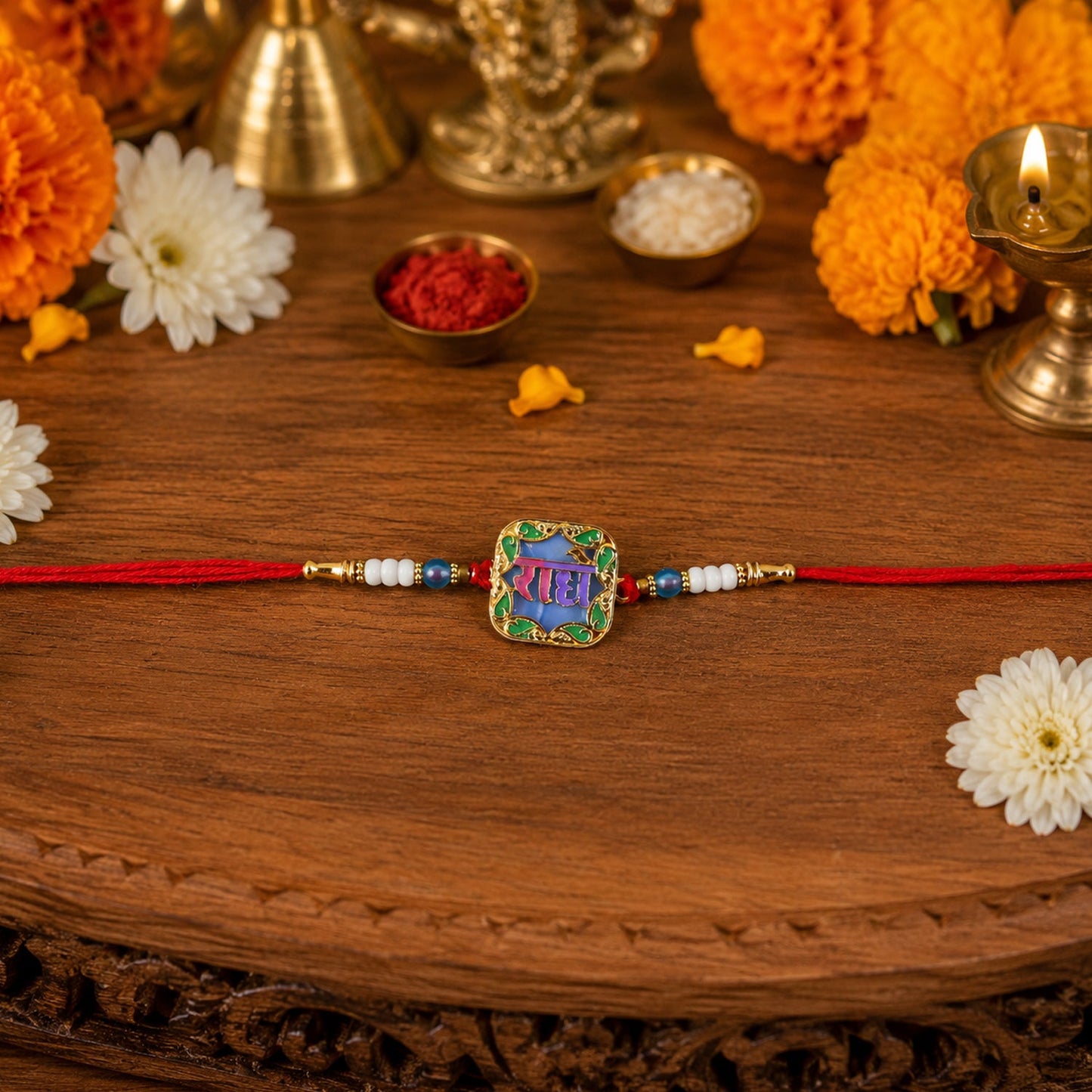 Close-up of Radhe engraved Rakhi with colorful decorative beads