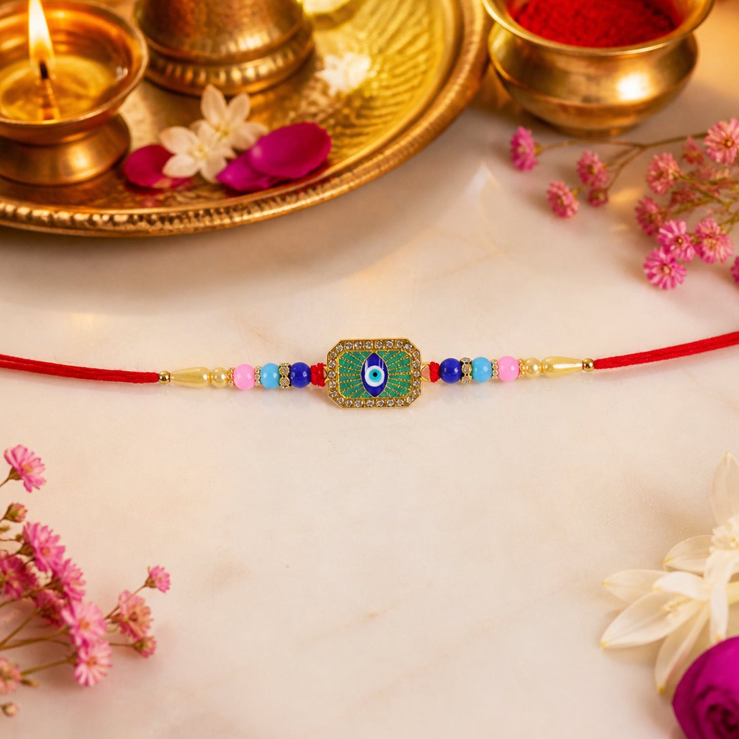 Designer Rakhi with decorative beads and mint green thread