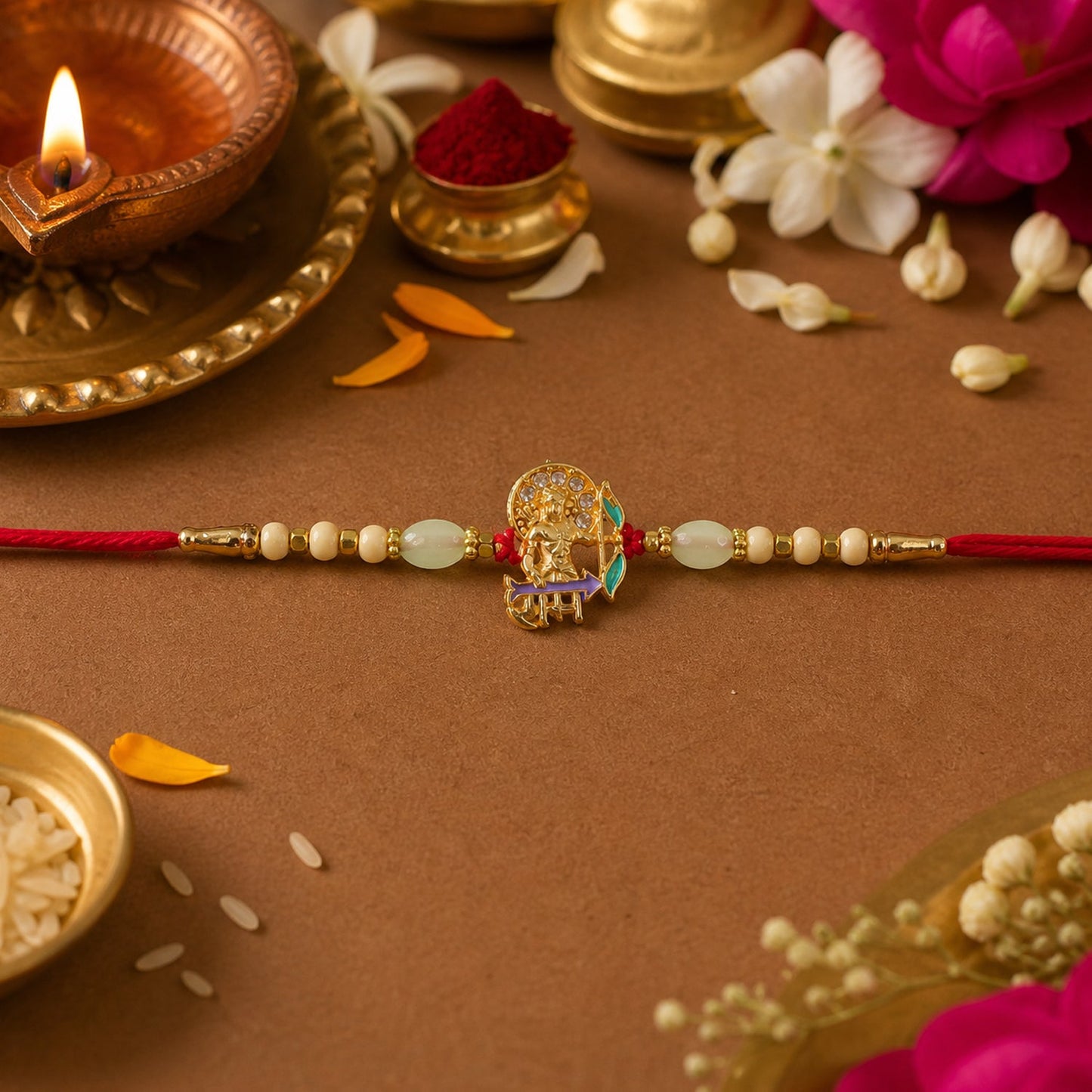 Close-up of decorative beads and Lord Ram design Rakhi