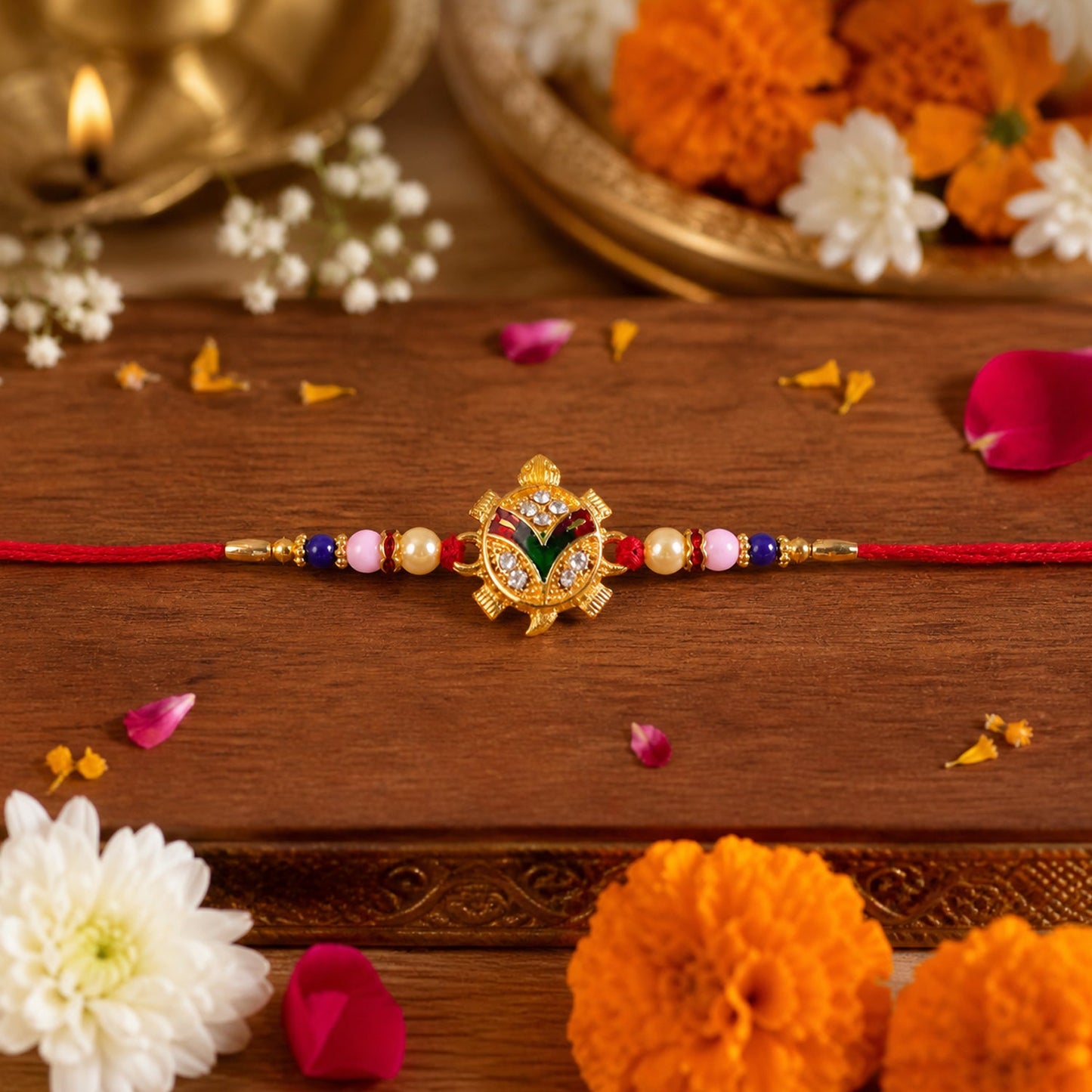 Close-up of the tortoise charm on the Rakhi thread