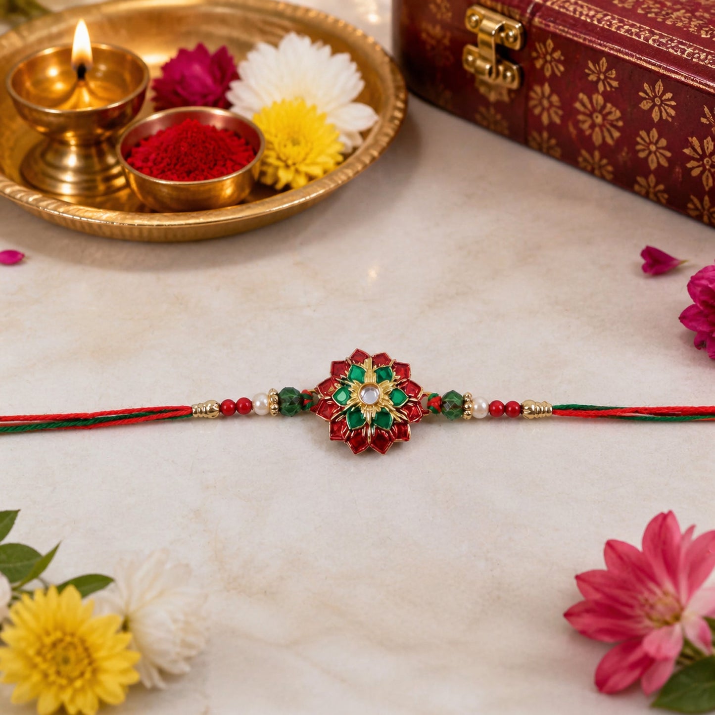 Decorative beads on floral stonework Rakhi
