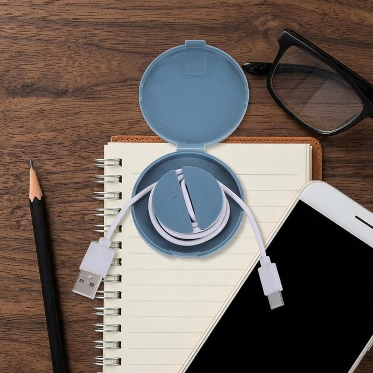 A blue cable winder case with a white cable is open on a spiral notebook next to glasses and a phone.
