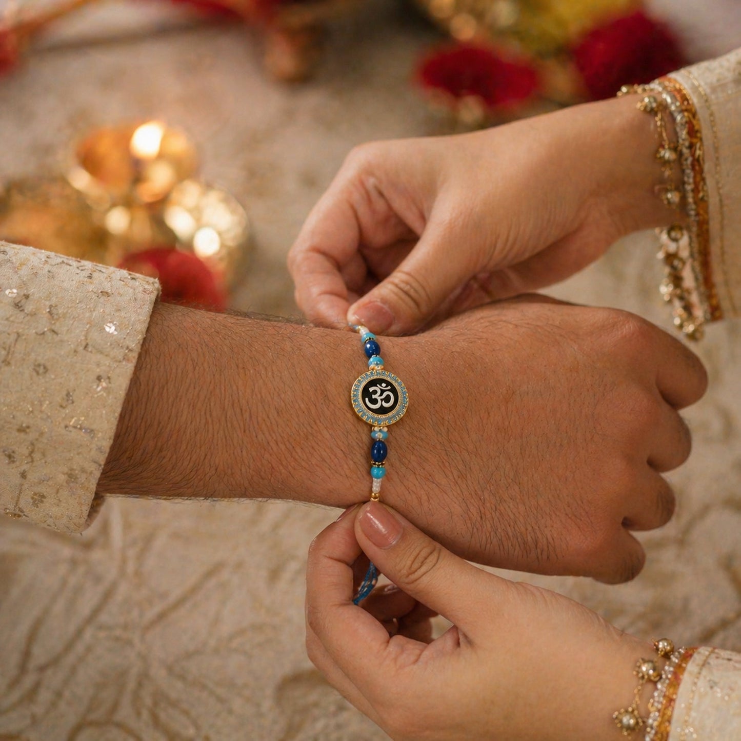 Soft thread on Om Designer Rakhi for ease and comfort