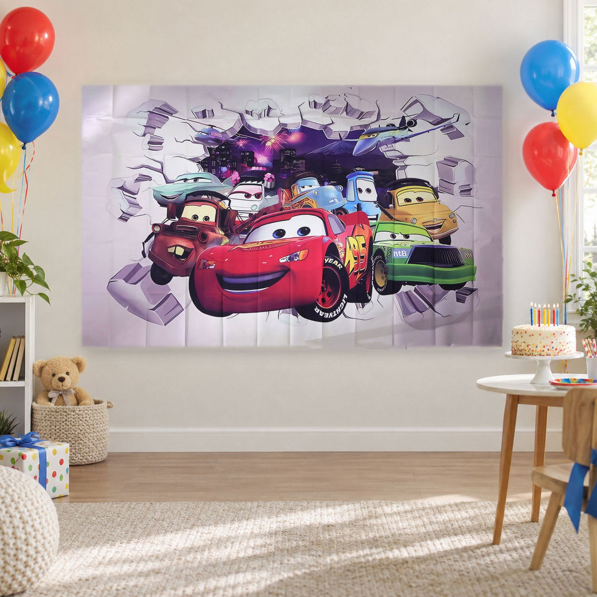 Cartoon racing car backdrop displayed on a playroom wall with balloons