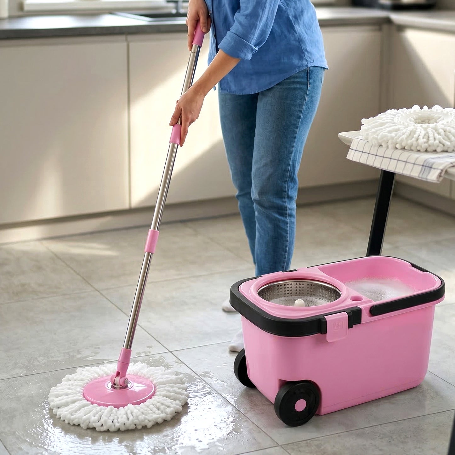 Quick Spin Mop With Steel Spin, Bucket Floor Cleaning, Easy Wheels & Big Bucket, Floor Cleaning Mop with Bucket